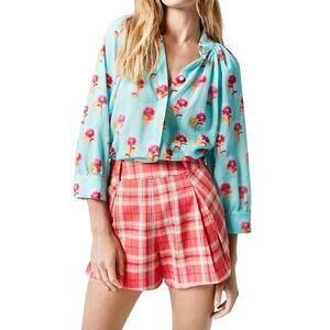 Smythe Watermelon Plaid Pleated Walking Shorts 100% Cotton Pockets Women's 6 NWT